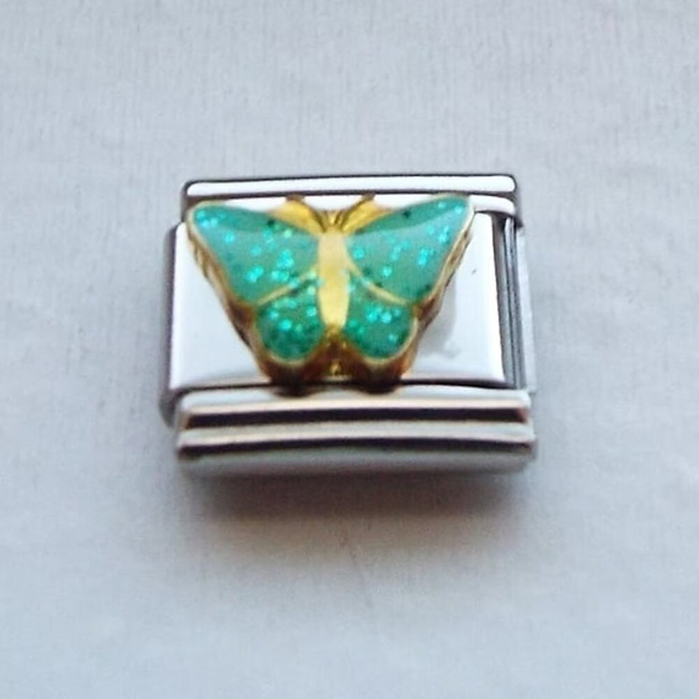 Sparkly mint green enamel butterfly 9mm stainless steel Italian charm link new
